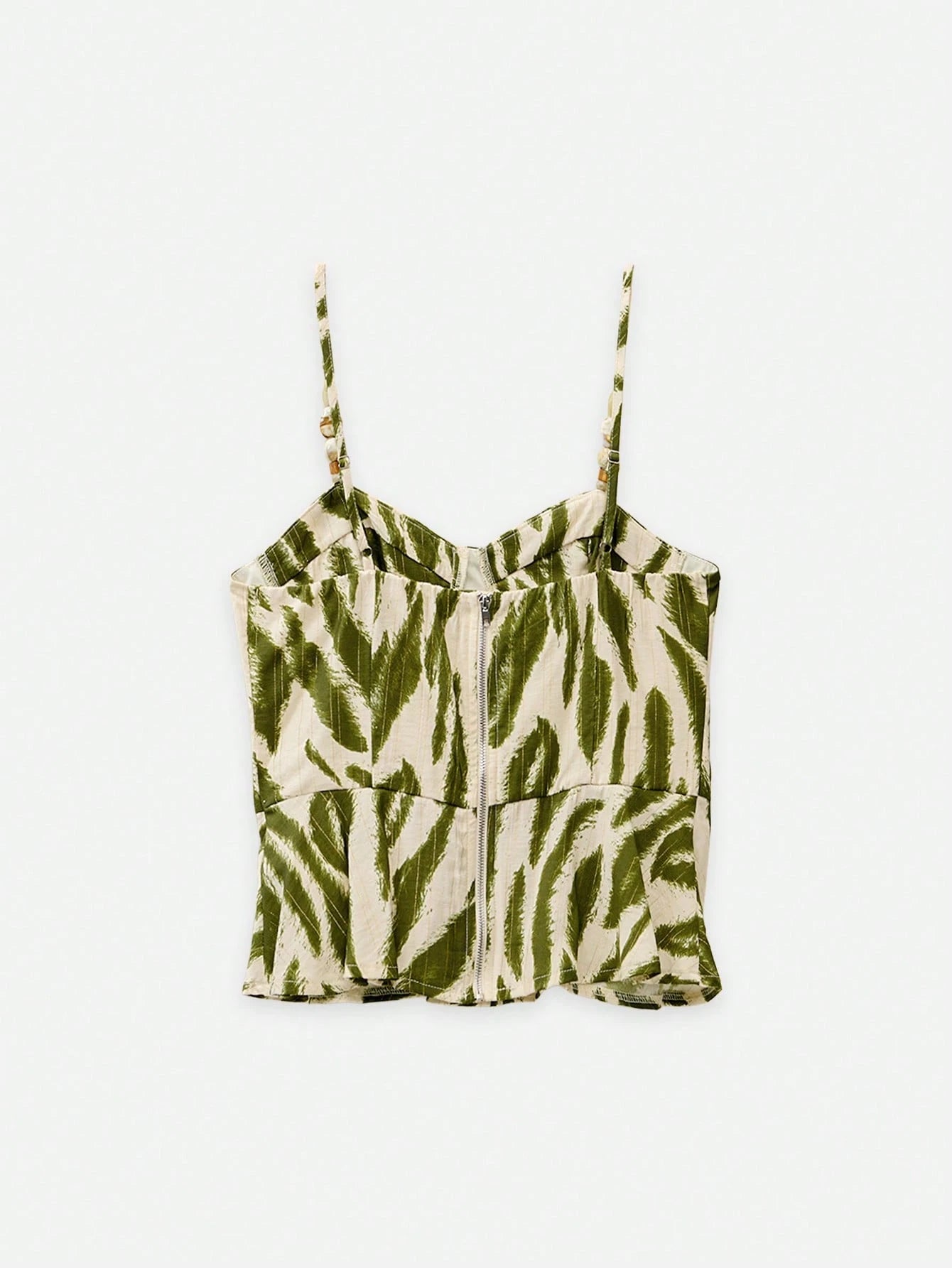 Nöista Green Leaf Print Peplum Top With Adjustable Straps. Summer, Fall, Resort, Holiday, Casual Style.