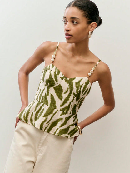 Nöista Green Leaf Print Peplum Top With Adjustable Straps. Summer, Fall, Resort, Holiday, Casual Style.