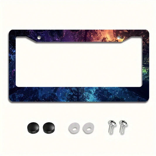 Neon Galaxy Night Sky Car License Plate Frame, 1-Piece Front And Rear License Plate, Metal License Plate Frame Cover