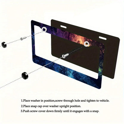 Neon Galaxy Night Sky Car License Plate Frame, 1-Piece Front And Rear License Plate, Metal License Plate Frame Cover