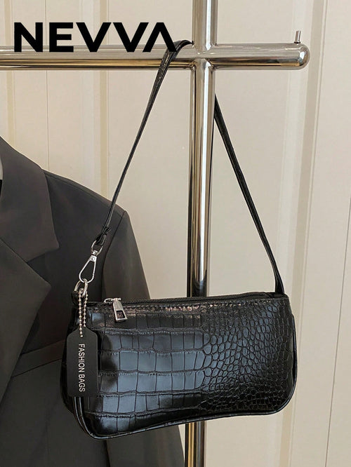 NEVVA 1pc Summer Black Crocodile Embossed PU Commuter Baguette Bag Large Capacity Can Fit Phone Wallet Leather Handbag Professional Elegant Shoulder Bag Fashion Underarm Bag