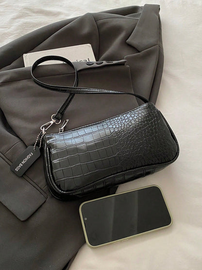 NEVVA 1pc Summer Black Crocodile Embossed PU Commuter Baguette Bag Large Capacity Can Fit Phone Wallet Leather Handbag Professional Elegant Shoulder Bag Fashion Underarm Bag