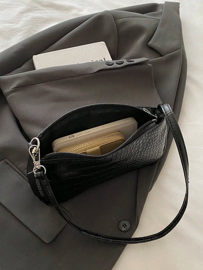 NEVVA 1pc Summer Black Crocodile Embossed PU Commuter Baguette Bag Large Capacity Can Fit Phone Wallet Leather Handbag Professional Elegant Shoulder Bag Fashion Underarm Bag