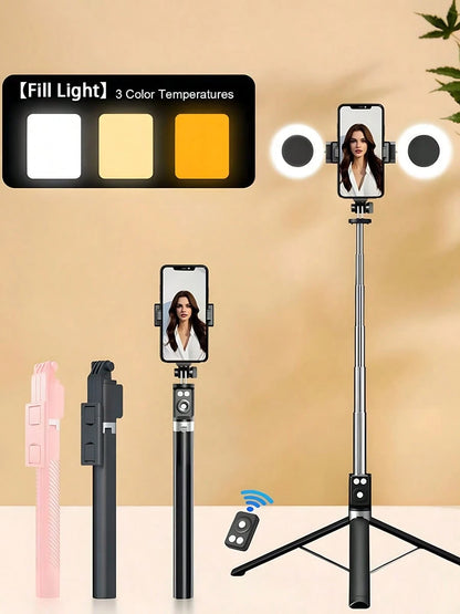New 6 In 1 Selfie Stick With Fill Light, For TK YT 67" Phone Tripod & Wireless Remote Page Turner,Bluetooth Camera Video Recording Remote,Music Control, Compatible,IOS,Android Compatible With Iphone