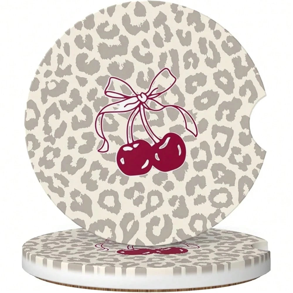 NEW- Absorbent Car Coasters For Cup Holders, 2 Pack Universal Anti Slip Ceramic Cup Coaster For Women Men 2.56 Inch Car Interior Accessories- Bow Tie Cherry Leopard 008