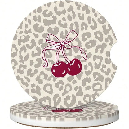 NEW- Absorbent Car Coasters For Cup Holders, 2 Pack Universal Anti Slip Ceramic Cup Coaster For Women Men 2.56 Inch Car Interior Accessories- Bow Tie Cherry Leopard 008