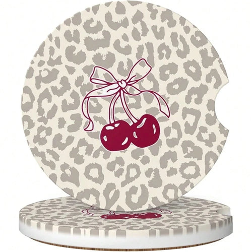 NEW- Absorbent Car Coasters For Cup Holders, 2 Pack Universal Anti Slip Ceramic Cup Coaster For Women Men 2.56 Inch Car Interior Accessories- Bow Tie Cherry Leopard 008