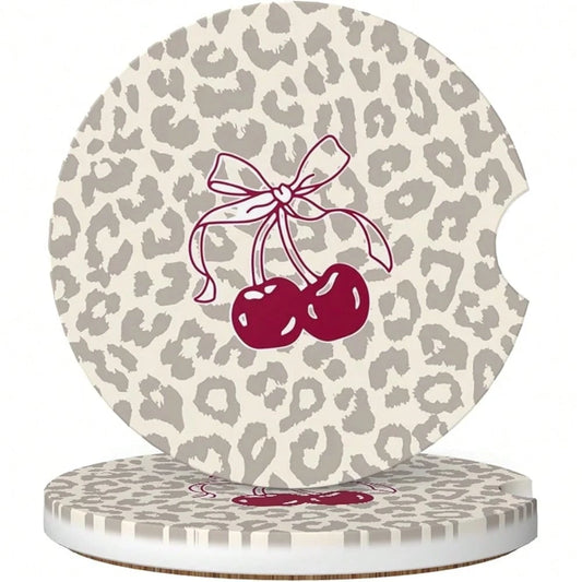 NEW- Absorbent Car Coasters For Cup Holders, 2 Pack Universal Anti Slip Ceramic Cup Coaster For Women Men 2.56 Inch Car Interior Accessories- Bow Tie Cherry Leopard 008