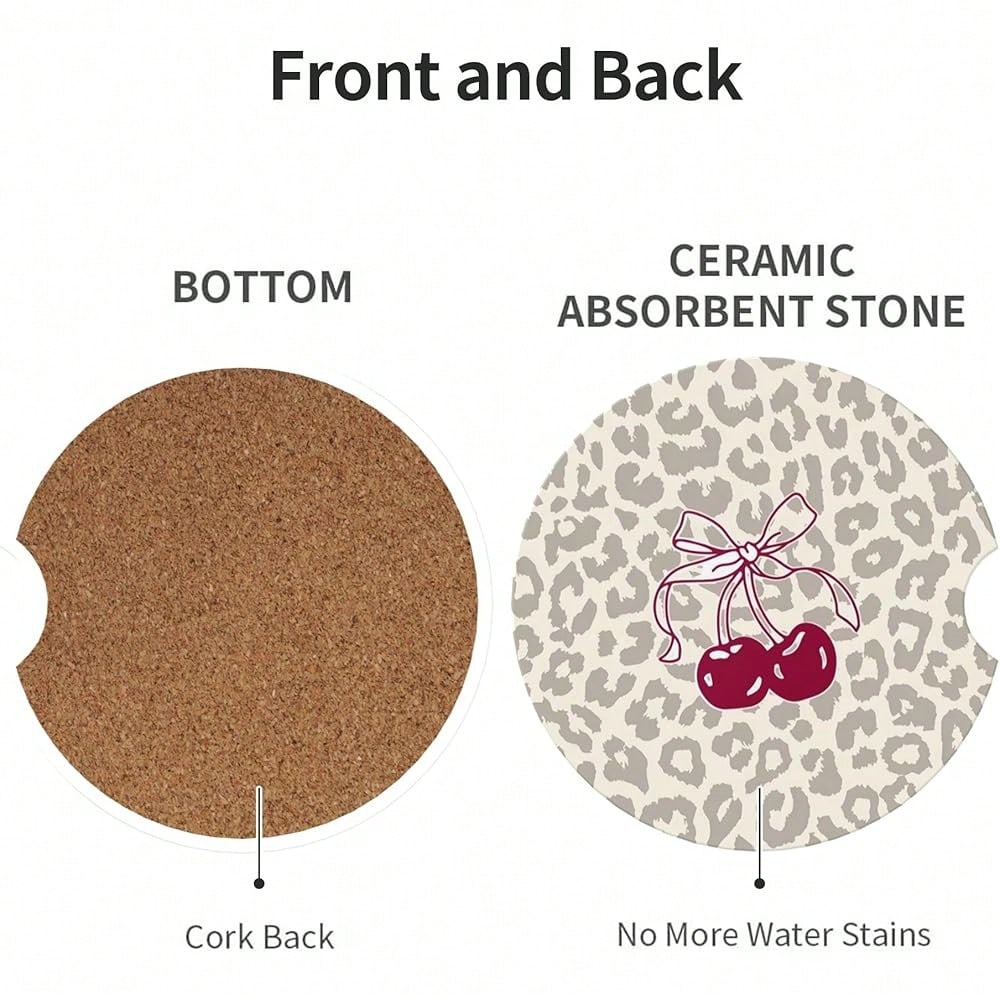 NEW- Absorbent Car Coasters For Cup Holders, 2 Pack Universal Anti Slip Ceramic Cup Coaster For Women Men 2.56 Inch Car Interior Accessories- Bow Tie Cherry Leopard 008