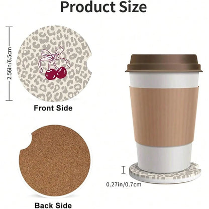 NEW- Absorbent Car Coasters For Cup Holders, 2 Pack Universal Anti Slip Ceramic Cup Coaster For Women Men 2.56 Inch Car Interior Accessories- Bow Tie Cherry Leopard 008