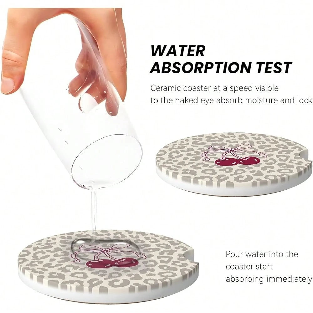 NEW- Absorbent Car Coasters For Cup Holders, 2 Pack Universal Anti Slip Ceramic Cup Coaster For Women Men 2.56 Inch Car Interior Accessories- Bow Tie Cherry Leopard 008