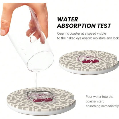 NEW- Absorbent Car Coasters For Cup Holders, 2 Pack Universal Anti Slip Ceramic Cup Coaster For Women Men 2.56 Inch Car Interior Accessories- Bow Tie Cherry Leopard 008