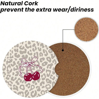 NEW- Absorbent Car Coasters For Cup Holders, 2 Pack Universal Anti Slip Ceramic Cup Coaster For Women Men 2.56 Inch Car Interior Accessories- Bow Tie Cherry Leopard 008