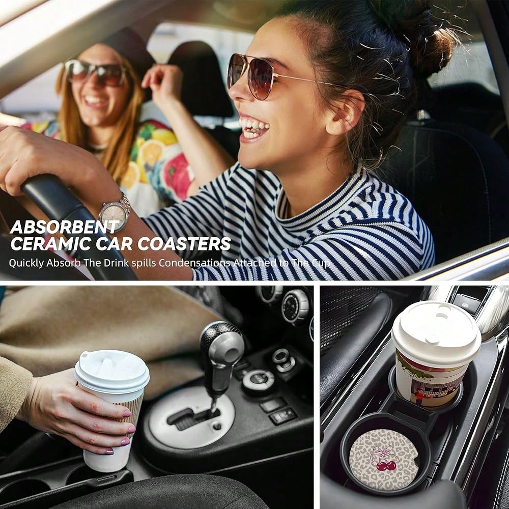NEW- Absorbent Car Coasters For Cup Holders, 2 Pack Universal Anti Slip Ceramic Cup Coaster For Women Men 2.56 Inch Car Interior Accessories- Bow Tie Cherry Leopard 008
