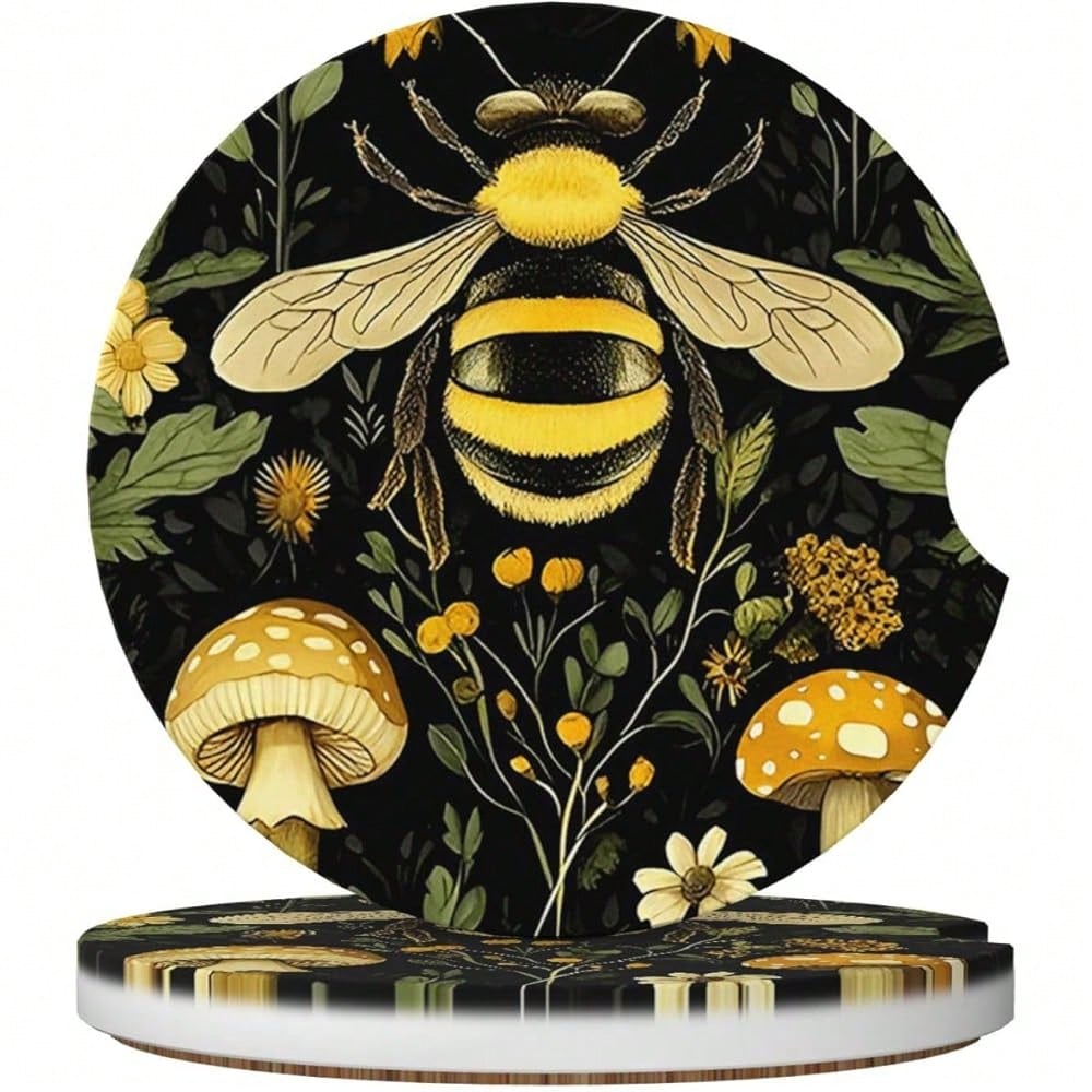 NEW- Car Coasters For Cup Holders, 2 Pack Absorbent Anti Slip Car Cup Holder Coasters, 2.56 Inch Ceramic Universal Size Auto Interior Accessories Women Men-Bee Retro Beautiful Mushroom