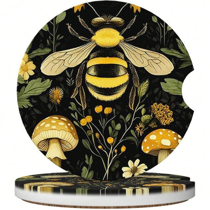 NEW- Car Coasters For Cup Holders, 2 Pack Absorbent Anti Slip Car Cup Holder Coasters, 2.56 Inch Ceramic Universal Size Auto Interior Accessories Women Men-Bee Retro Beautiful Mushroom