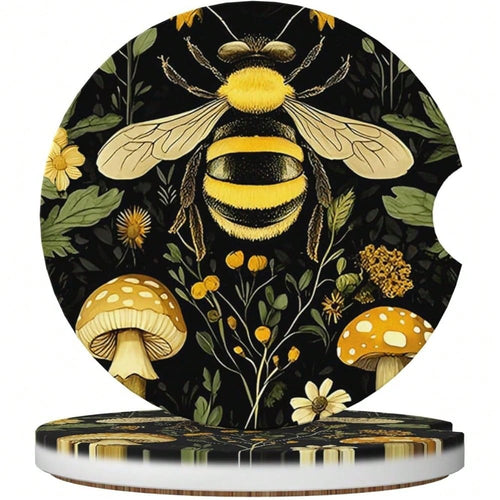 NEW- Car Coasters For Cup Holders, 2 Pack Absorbent Anti Slip Car Cup Holder Coasters, 2.56 Inch Ceramic Universal Size Auto Interior Accessories Women Men-Bee Retro Beautiful Mushroom