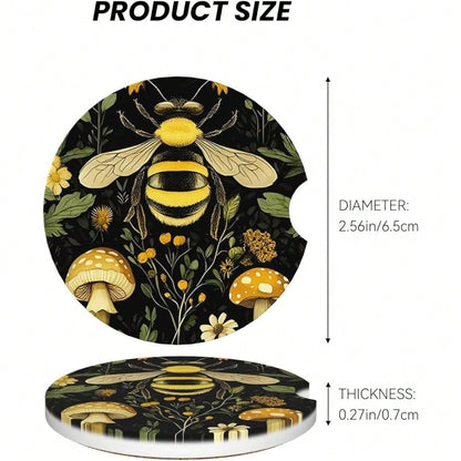 NEW- Car Coasters For Cup Holders, 2 Pack Absorbent Anti Slip Car Cup Holder Coasters, 2.56 Inch Ceramic Universal Size Auto Interior Accessories Women Men-Bee Retro Beautiful Mushroom