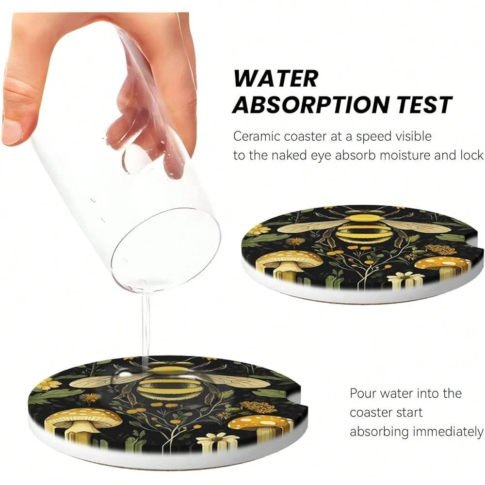 NEW- Car Coasters For Cup Holders, 2 Pack Absorbent Anti Slip Car Cup Holder Coasters, 2.56 Inch Ceramic Universal Size Auto Interior Accessories Women Men-Bee Retro Beautiful Mushroom