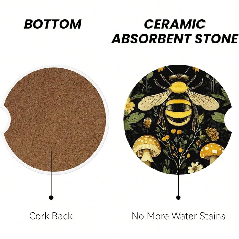 NEW- Car Coasters For Cup Holders, 2 Pack Absorbent Anti Slip Car Cup Holder Coasters, 2.56 Inch Ceramic Universal Size Auto Interior Accessories Women Men-Bee Retro Beautiful Mushroom