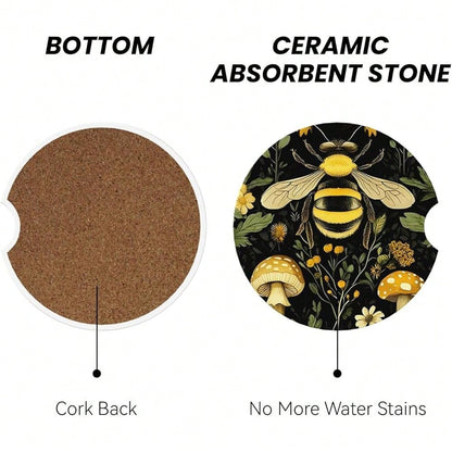 NEW- Car Coasters For Cup Holders, 2 Pack Absorbent Anti Slip Car Cup Holder Coasters, 2.56 Inch Ceramic Universal Size Auto Interior Accessories Women Men-Bee Retro Beautiful Mushroom