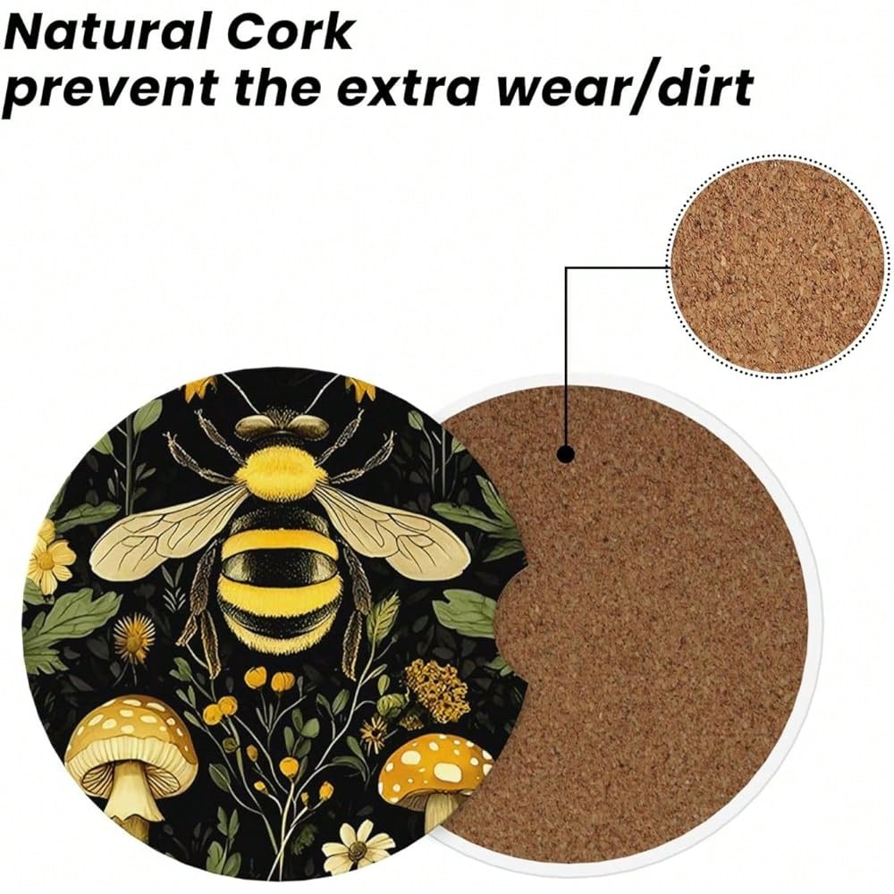 NEW- Car Coasters For Cup Holders, 2 Pack Absorbent Anti Slip Car Cup Holder Coasters, 2.56 Inch Ceramic Universal Size Auto Interior Accessories Women Men-Bee Retro Beautiful Mushroom