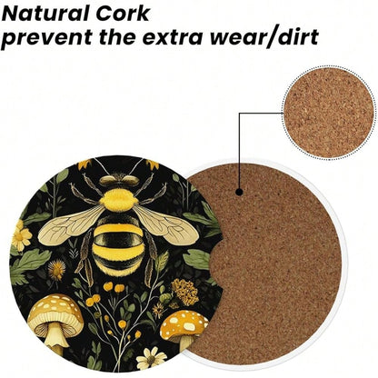 NEW- Car Coasters For Cup Holders, 2 Pack Absorbent Anti Slip Car Cup Holder Coasters, 2.56 Inch Ceramic Universal Size Auto Interior Accessories Women Men-Bee Retro Beautiful Mushroom