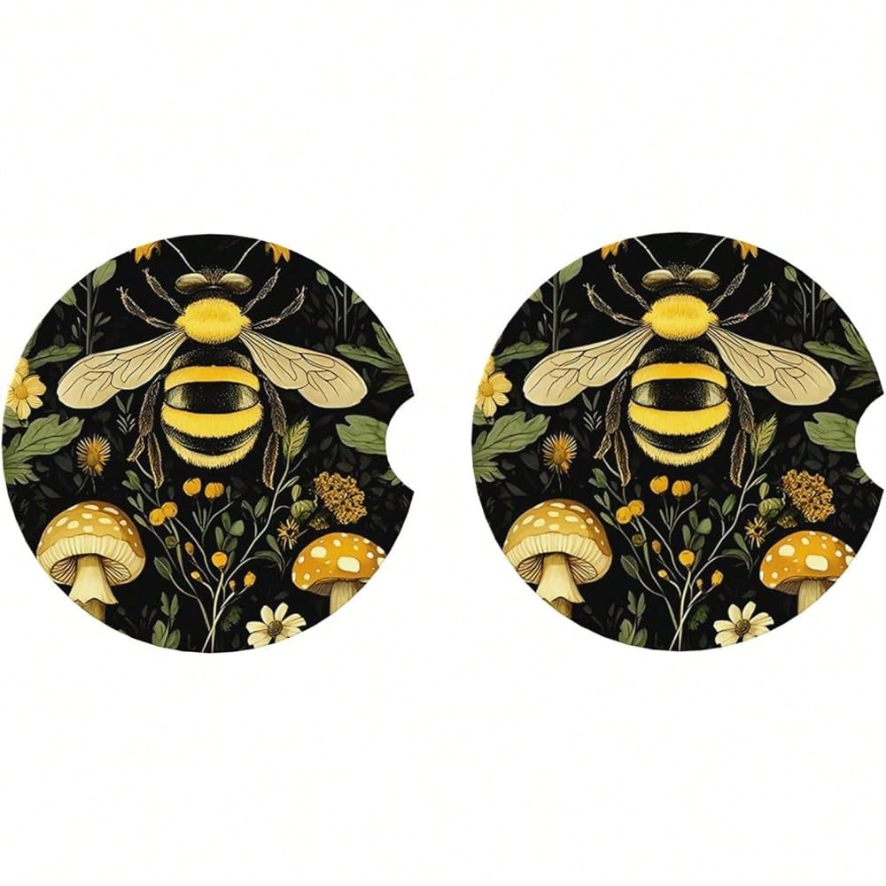 NEW- Car Coasters For Cup Holders, 2 Pack Absorbent Anti Slip Car Cup Holder Coasters, 2.56 Inch Ceramic Universal Size Auto Interior Accessories Women Men-Bee Retro Beautiful Mushroom