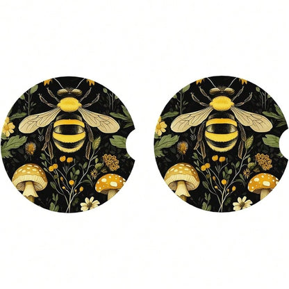 NEW- Car Coasters For Cup Holders, 2 Pack Absorbent Anti Slip Car Cup Holder Coasters, 2.56 Inch Ceramic Universal Size Auto Interior Accessories Women Men-Bee Retro Beautiful Mushroom