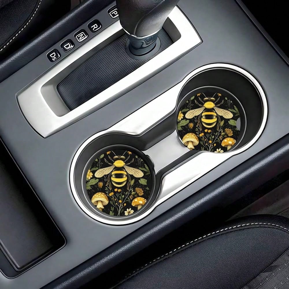 NEW- Car Coasters For Cup Holders, 2 Pack Absorbent Anti Slip Car Cup Holder Coasters, 2.56 Inch Ceramic Universal Size Auto Interior Accessories Women Men-Bee Retro Beautiful Mushroom