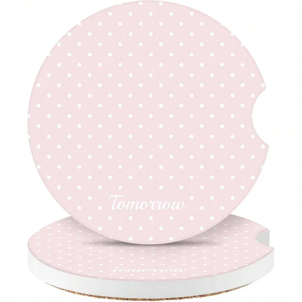 NEW- Cute Fashion Polka Dot Car Coasters 2 Pack For Cup Holders, 2.56 Inch Finger Notch Retro 70's Style Ceramics Heat Resistant Anti Slip Cork Base Car Drinks Coasters Auto Accessories