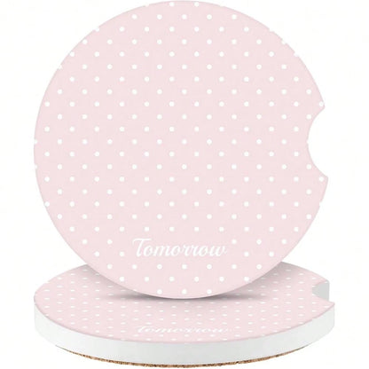 NEW- Cute Fashion Polka Dot Car Coasters 2 Pack For Cup Holders, 2.56 Inch Finger Notch Retro 70's Style Ceramics Heat Resistant Anti Slip Cork Base Car Drinks Coasters Auto Accessories