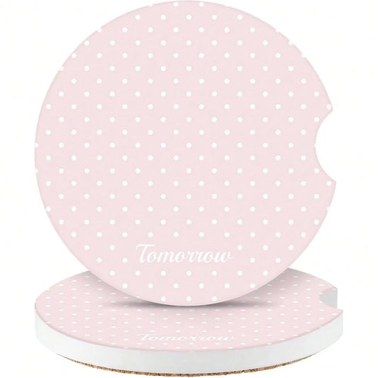 NEW- Cute Fashion Polka Dot Car Coasters 2 Pack For Cup Holders, 2.56 Inch Finger Notch Retro 70's Style Ceramics Heat Resistant Anti Slip Cork Base Car Drinks Coasters Auto Accessories