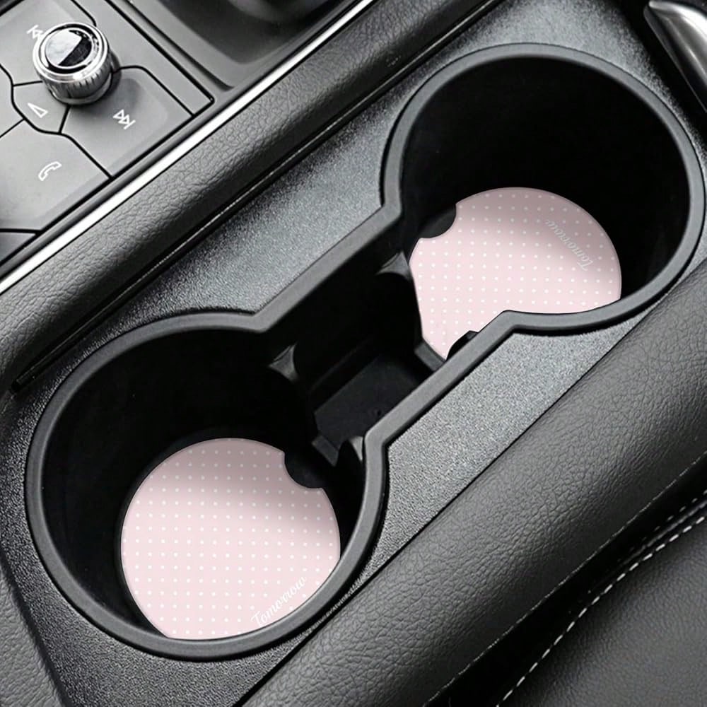 NEW- Cute Fashion Polka Dot Car Coasters 2 Pack For Cup Holders, 2.56 Inch Finger Notch Retro 70's Style Ceramics Heat Resistant Anti Slip Cork Base Car Drinks Coasters Auto Accessories