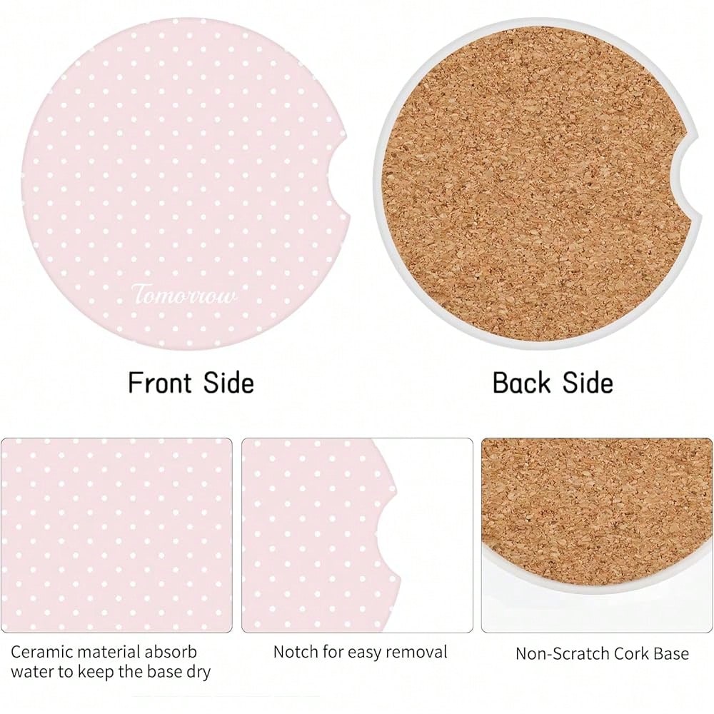 NEW- Cute Fashion Polka Dot Car Coasters 2 Pack For Cup Holders, 2.56 Inch Finger Notch Retro 70's Style Ceramics Heat Resistant Anti Slip Cork Base Car Drinks Coasters Auto Accessories