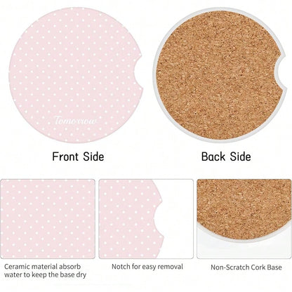NEW- Cute Fashion Polka Dot Car Coasters 2 Pack For Cup Holders, 2.56 Inch Finger Notch Retro 70's Style Ceramics Heat Resistant Anti Slip Cork Base Car Drinks Coasters Auto Accessories