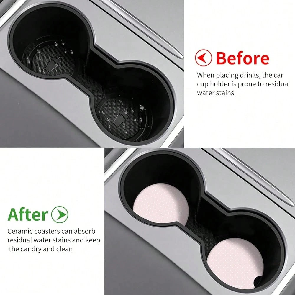 NEW- Cute Fashion Polka Dot Car Coasters 2 Pack For Cup Holders, 2.56 Inch Finger Notch Retro 70's Style Ceramics Heat Resistant Anti Slip Cork Base Car Drinks Coasters Auto Accessories