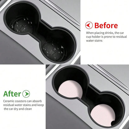 NEW- Cute Fashion Polka Dot Car Coasters 2 Pack For Cup Holders, 2.56 Inch Finger Notch Retro 70's Style Ceramics Heat Resistant Anti Slip Cork Base Car Drinks Coasters Auto Accessories