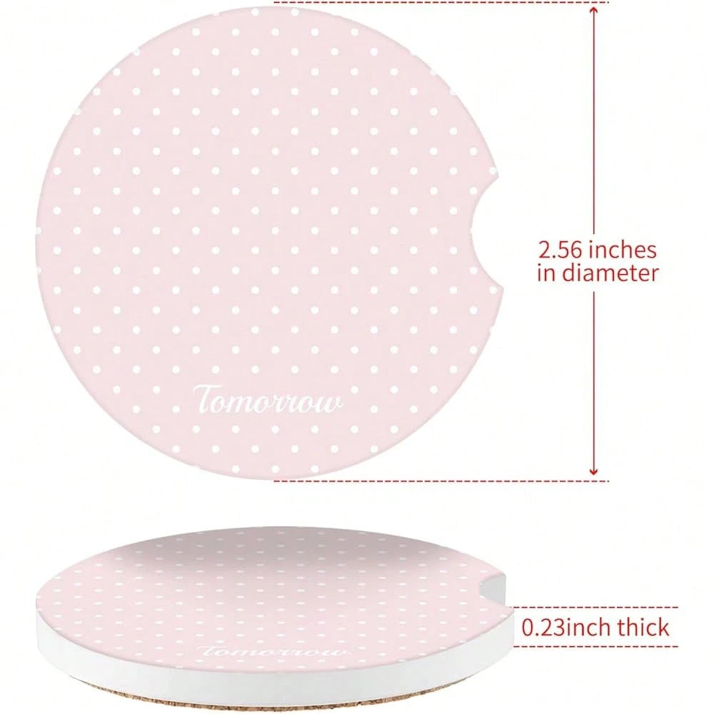 NEW- Cute Fashion Polka Dot Car Coasters 2 Pack For Cup Holders, 2.56 Inch Finger Notch Retro 70's Style Ceramics Heat Resistant Anti Slip Cork Base Car Drinks Coasters Auto Accessories