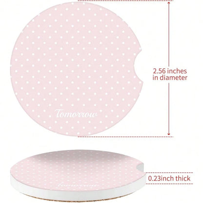NEW- Cute Fashion Polka Dot Car Coasters 2 Pack For Cup Holders, 2.56 Inch Finger Notch Retro 70's Style Ceramics Heat Resistant Anti Slip Cork Base Car Drinks Coasters Auto Accessories