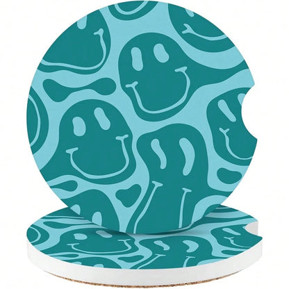NEW- Cute Fashion Polka Dot Car Coasters 2 Pack For Cup Holders, 2.56 Inch Finger Notch Retro 70's Style Ceramics Heat Resistant Anti Slip Cork Base Car Drinks Coasters Auto Accessories