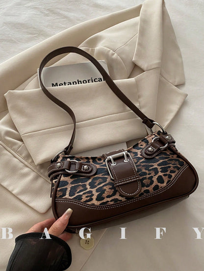 New Fashion Buckle Leopard Print Handbag & Shoulder Bag, Suitable For Parties, Outings, Vacations, Shopping And Daily Use, Can Store Coins, Y2K Aesthetic
