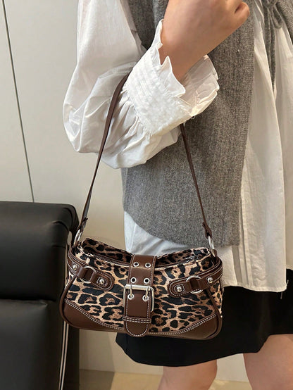 New Fashion Buckle Leopard Print Handbag & Shoulder Bag, Suitable For Parties, Outings, Vacations, Shopping And Daily Use, Can Store Coins, Y2K Aesthetic