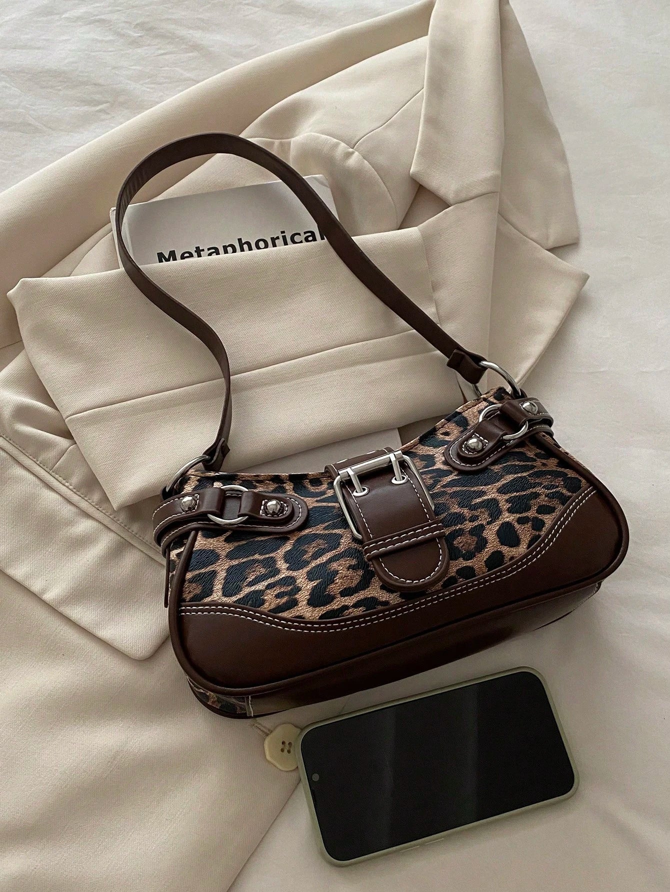 New Fashion Buckle Leopard Print Handbag & Shoulder Bag, Suitable For Parties, Outings, Vacations, Shopping And Daily Use, Can Store Coins, Y2K Aesthetic