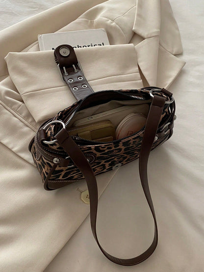New Fashion Buckle Leopard Print Handbag & Shoulder Bag, Suitable For Parties, Outings, Vacations, Shopping And Daily Use, Can Store Coins, Y2K Aesthetic