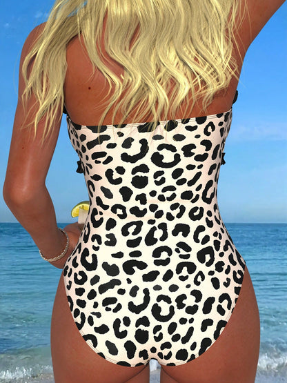 New Fashionable Sexy Elegant Striped Lace Ruffle Bust Bow Detachable Strap One-Piece Swimsuit For Beach, Pool Party, Vacation Summer, Resort Wear