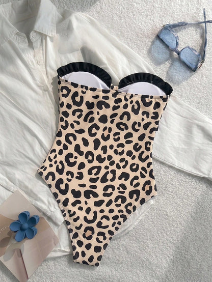 New Fashionable Sexy Elegant Striped Lace Ruffle Bust Bow Detachable Strap One-Piece Swimsuit For Beach, Pool Party, Vacation Summer, Resort Wear