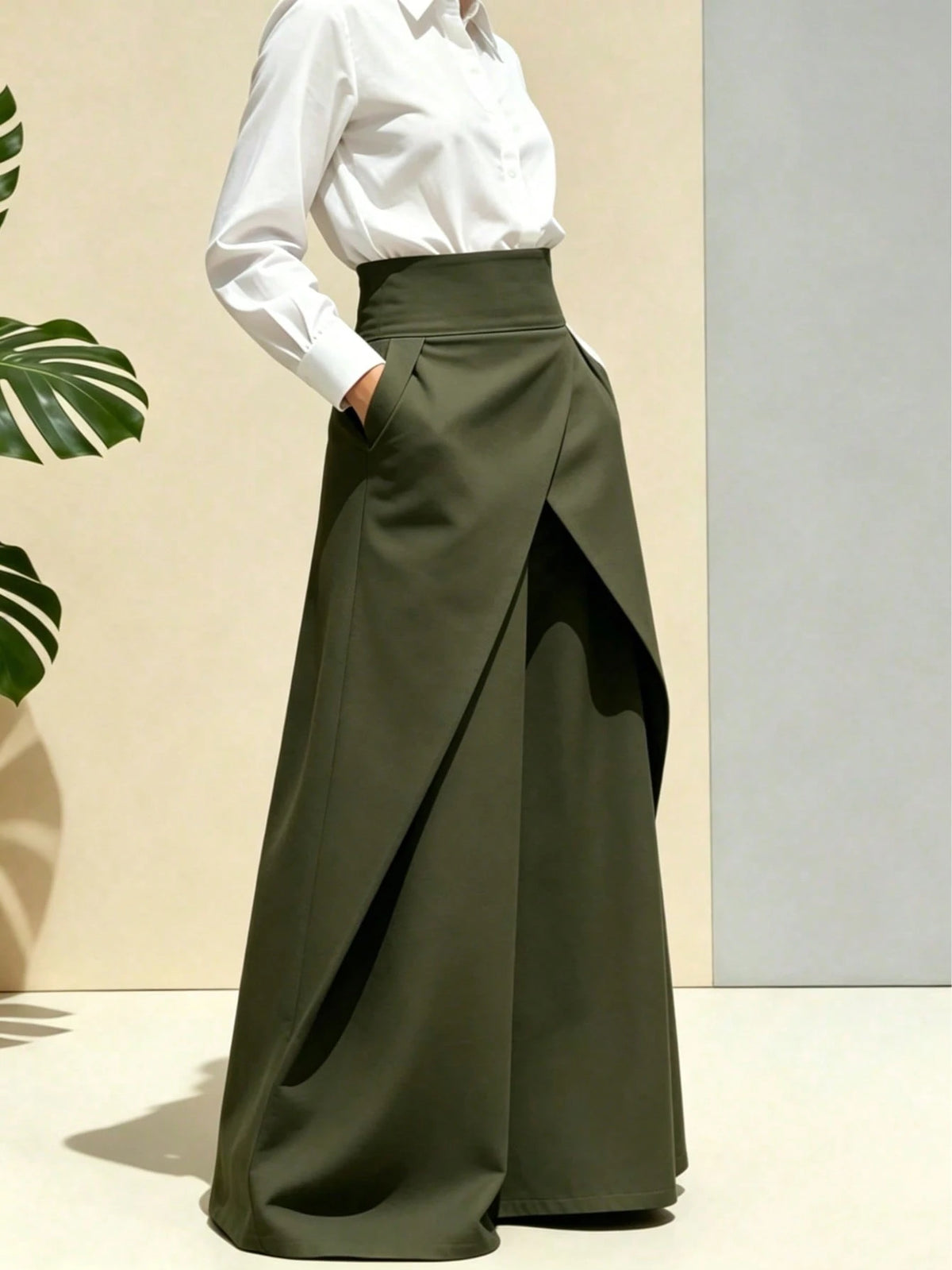 New| Hot-Selling Women's High-Waist Asymmetric Wrap Flowy A-Line Long Skirt, Suitable For Office, Casual, Party, Black