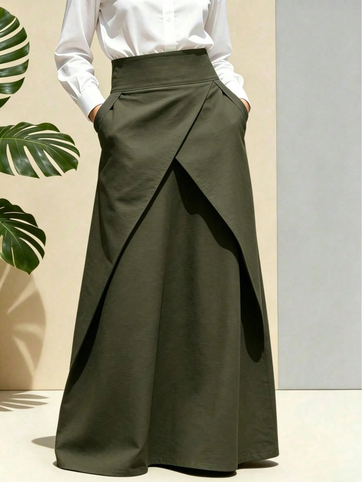 New| Hot-Selling Women's High-Waist Asymmetric Wrap Flowy A-Line Long Skirt, Suitable For Office, Casual, Party, Black