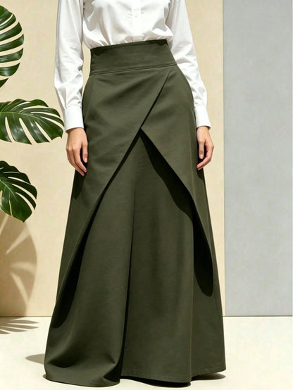 New| Hot-Selling Women's High-Waist Asymmetric Wrap Flowy A-Line Long Skirt, Suitable For Office, Casual, Party, Black
